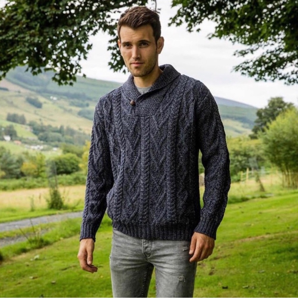 Aran Crafts Merino Wool Ireland Button Cable Knit Sweater